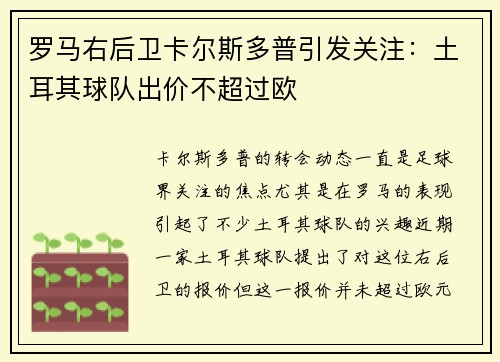 罗马右后卫卡尔斯多普引发关注：土耳其球队出价不超过欧