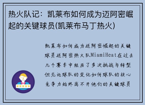 热火队记：凯莱布如何成为迈阿密崛起的关键球员(凯莱布马丁热火)