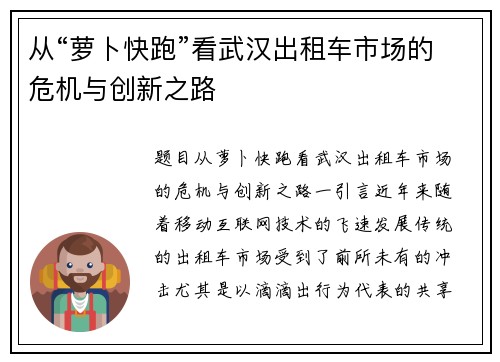 从“萝卜快跑”看武汉出租车市场的危机与创新之路